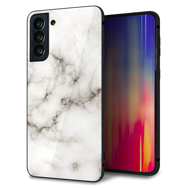 au ギャラクシーS21+ 5G SCG10 強化ガラス＆TPUスマホケース ガラプリ【KM871 大理石WH】