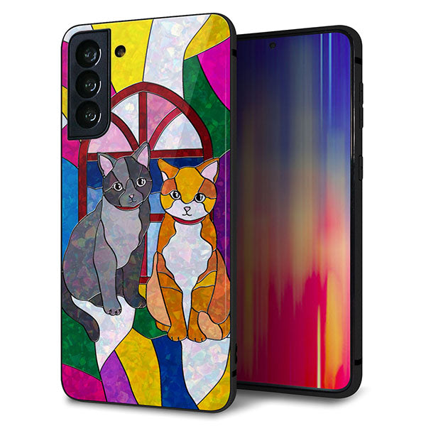au ギャラクシーS21+ 5G SCG10 強化ガラス＆TPUスマホケース ガラプリ【MA995 ステンドグラス ネコ】