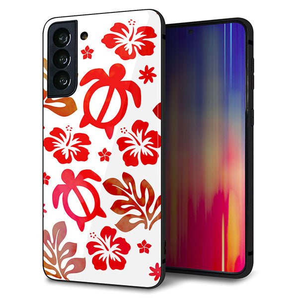 au ギャラクシーS21+ 5G SCG10 強化ガラス＆TPUスマホケース ガラプリ【SC881 ハワイアンアロハホヌ（レッド）】