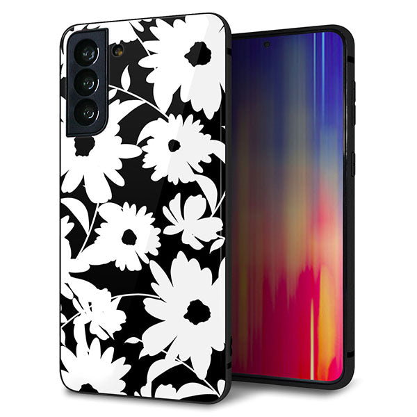 au ギャラクシーS21+ 5G SCG10 強化ガラス＆TPUスマホケース ガラプリ【SC915 花柄モノトーン 04】
