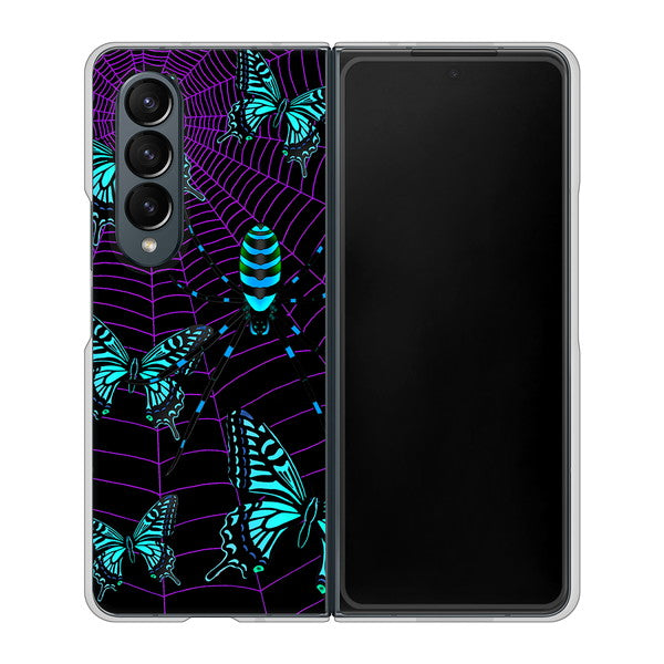 Galaxy Z Fold4 SCG16 au 高画質仕上げ 背面印刷 ハードケース【AG830 蜘蛛の巣に舞う蝶（青）】