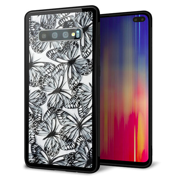 au ギャラクシー S10+ SCV42 強化ガラス＆TPUスマホケース ガラプリ【SC905 ガーデンバタフライ ブラック】