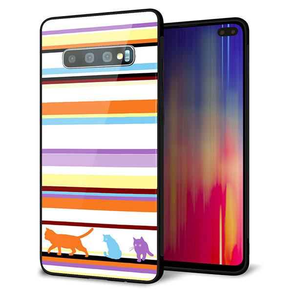 au ギャラクシー S10+ SCV42 強化ガラス＆TPUスマホケース ガラプリ【YA887 ストライプネコ01】