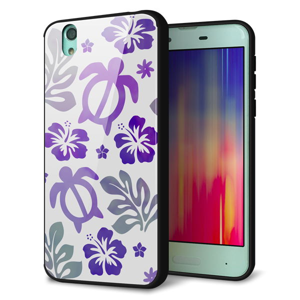 docomo アクオス センス SH-01K 強化ガラス＆TPUスマホケース ガラプリ【SC878 ハワイアンアロハホヌ（パープル）】