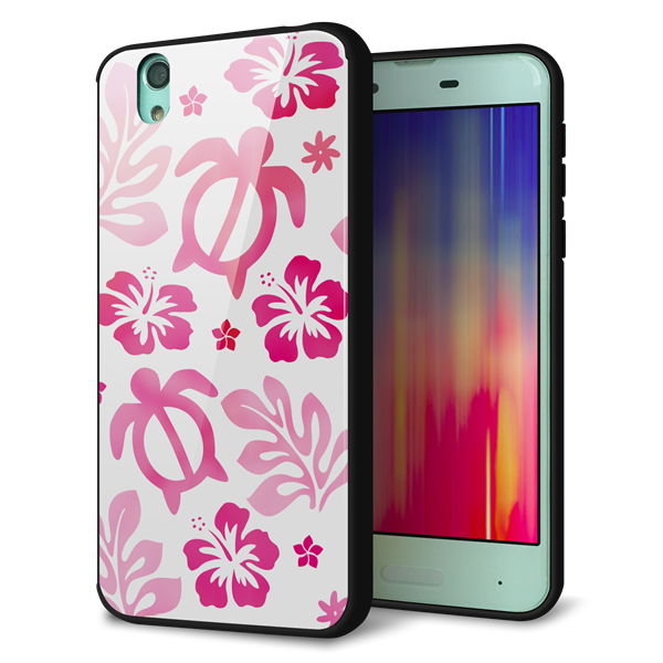 docomo アクオス センス SH-01K 強化ガラス＆TPUスマホケース ガラプリ【SC879 ハワイアンアロハホヌ（ピンク）】