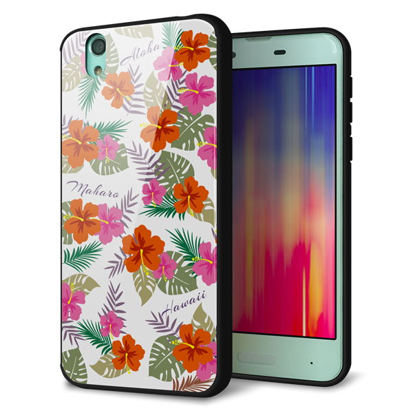au アクオス センス SHV40 強化ガラス＆TPUスマホケース ガラプリ【SC884 ハワイアンアロハレトロ（ホワイト）】