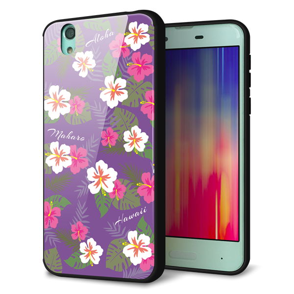docomo アクオス センス SH-01K 強化ガラス＆TPUスマホケース ガラプリ【SC886 ハワイアンアロハレトロ（パープル）】