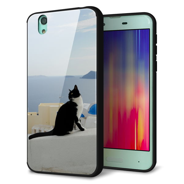 au アクオス センス SHV40 強化ガラス＆TPUスマホケース ガラプリ【VA805 ネコと地中海】