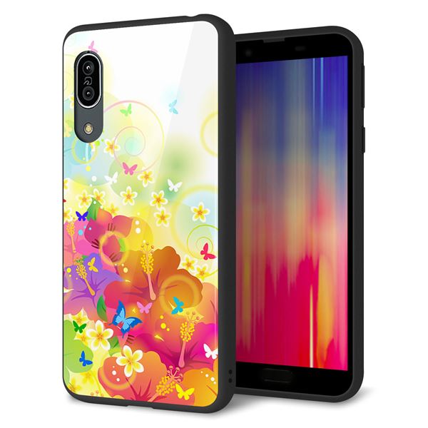 docomo アクオス センス3 SH-02M 強化ガラス＆TPUスマホケース ガラプリ【647 ハイビスカスと蝶】