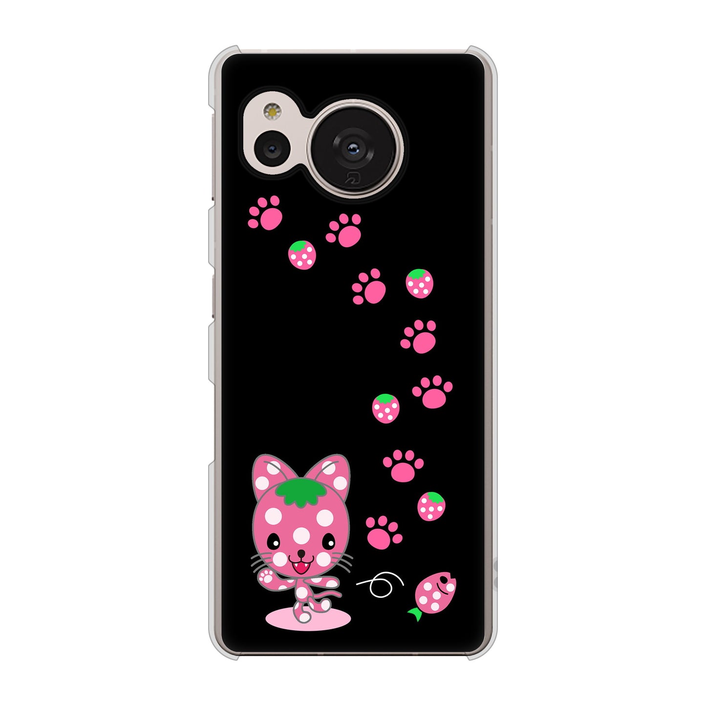 AQUOS sense7 SHG10 au 高画質仕上げ 背面印刷 ハードケース【AG820 イチゴ猫のにゃんベリー（黒）】