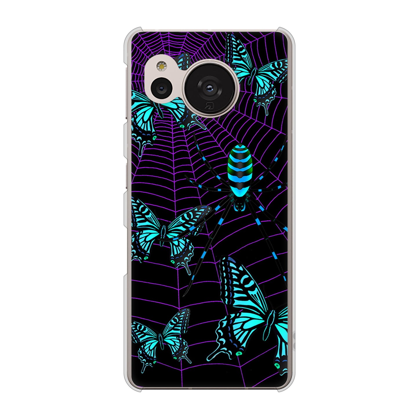 AQUOS sense7 SHG10 au 高画質仕上げ 背面印刷 ハードケース【AG830 蜘蛛の巣に舞う蝶（青）】