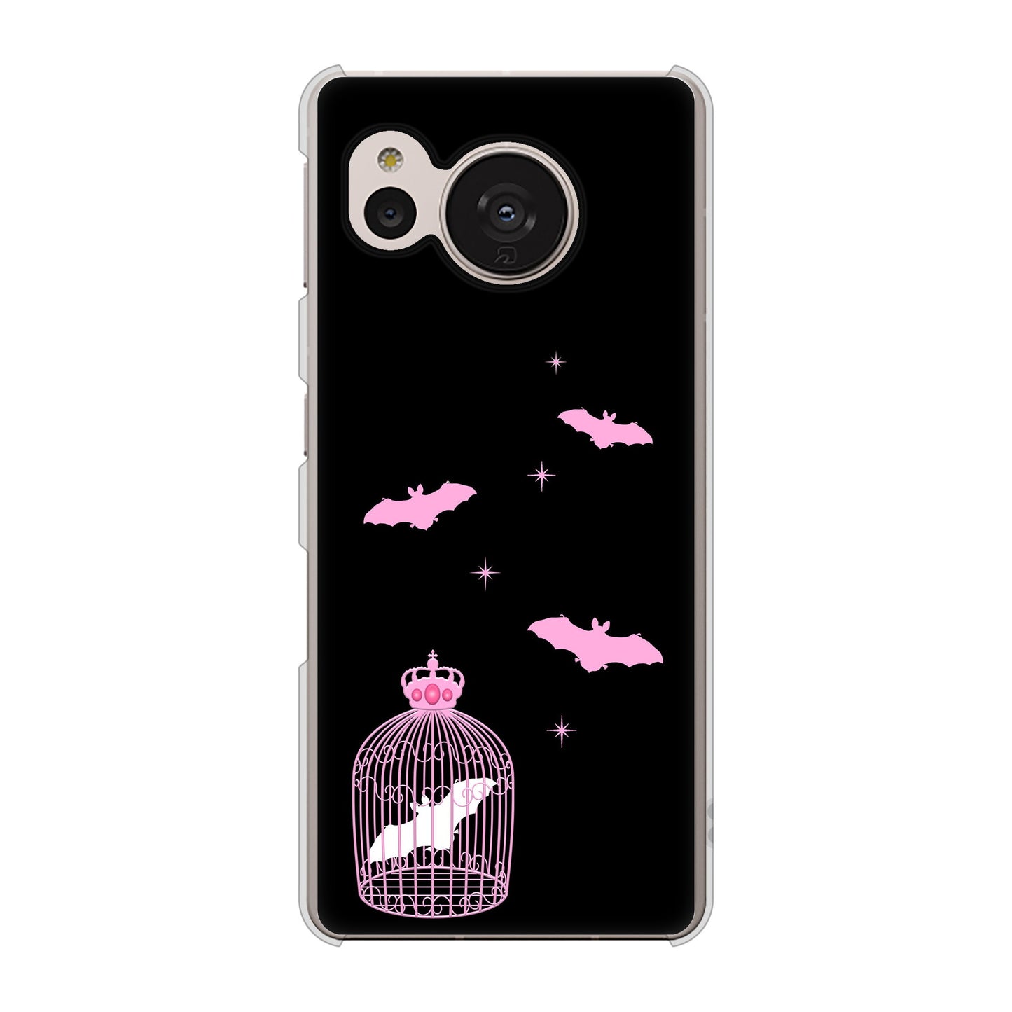 AQUOS sense7 SH-M24 楽天モバイル 高画質仕上げ 背面印刷 ハードケース【AG809 こうもりの王冠鳥かご（黒×ピンク）】