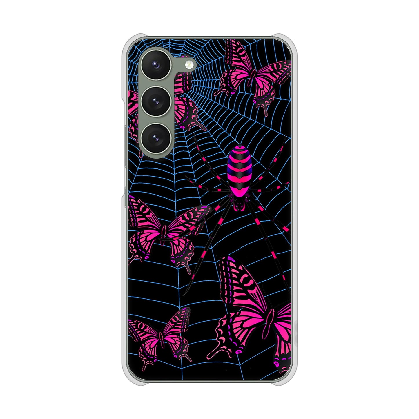Galaxy S23 SM-S911C 楽天モバイル 高画質仕上げ 背面印刷 ハードケース蜘蛛の巣に舞う蝶