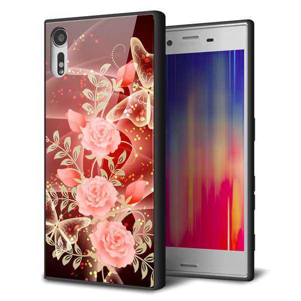 docomo エクスペリアXZ SO-01J 強化ガラス＆TPUスマホケース ガラプリ【VA824 魅惑の蝶とピンクのバラ】