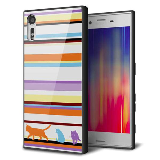 docomo エクスペリアXZ SO-01J 強化ガラス＆TPUスマホケース ガラプリ【YA887 ストライプネコ01】