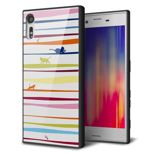 docomo エクスペリアXZ SO-01J 強化ガラス＆TPUスマホケース ガラプリ【YA893 ストライプネコ02 L】