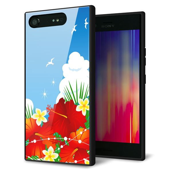 docomo エクスペリアXZ1 SO-01K 強化ガラス＆TPUスマホケース ガラプリ【VA821 ハイビスカスと青空】