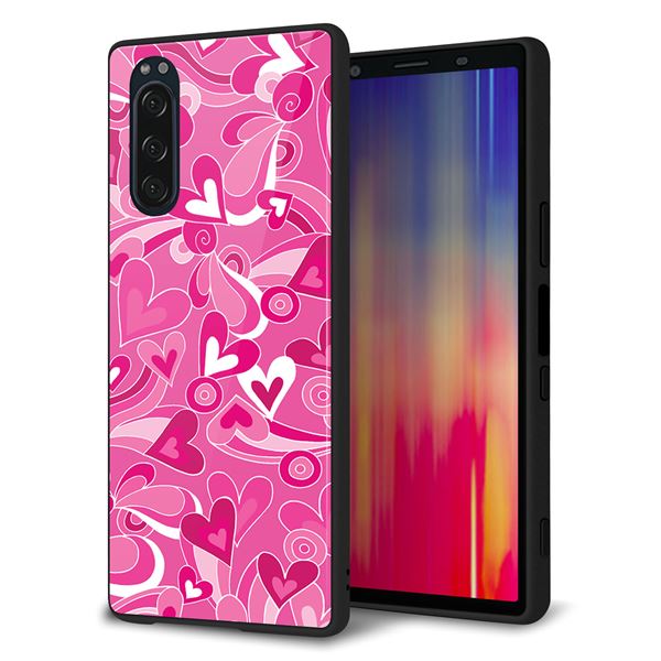 docomo エクスペリア5 SO-01M 強化ガラス＆TPUスマホケース ガラプリ【383 ピンクのハート】