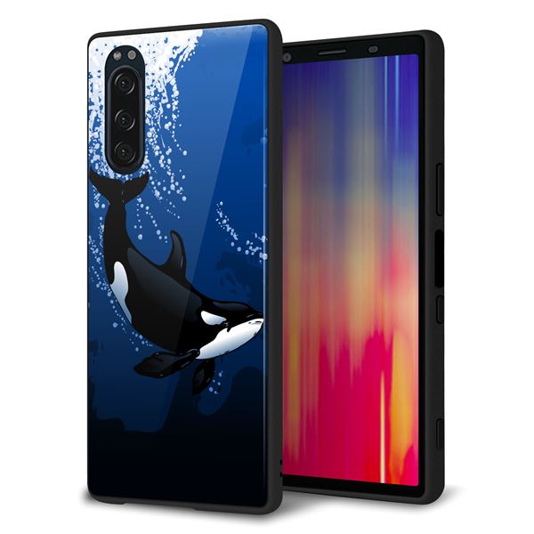 docomo エクスペリア5 SO-01M 強化ガラス＆TPUスマホケース ガラプリ【423 シャチ】