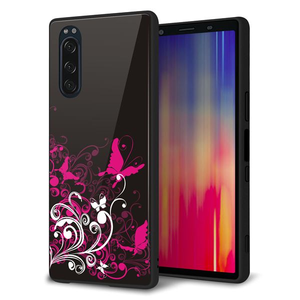 docomo エクスペリア5 SO-01M 強化ガラス＆TPUスマホケース ガラプリ【585 闇に舞う蝶】