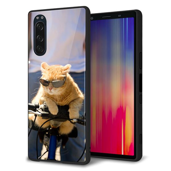 docomo エクスペリア5 SO-01M 強化ガラス＆TPUスマホケース ガラプリ【595 にゃんとサイクル】