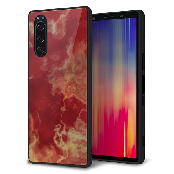 docomo エクスペリア5 SO-01M 強化ガラス＆TPUスマホケース ガラプリ【KM870 大理石RD】