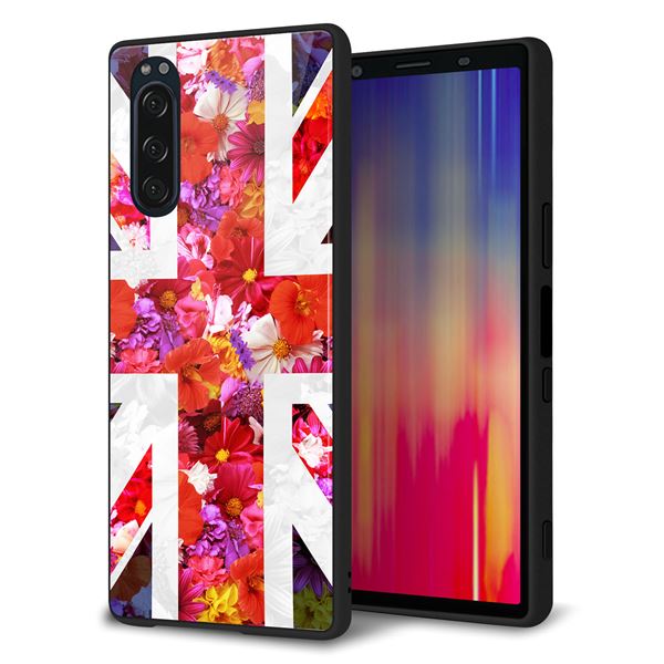 docomo エクスペリア5 SO-01M 強化ガラス＆TPUスマホケース ガラプリ【SC801 ユニオンジャック リアルフラワー】