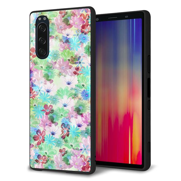 docomo エクスペリア5 SO-01M 強化ガラス＆TPUスマホケース ガラプリ【SC872 リバティプリント プレスドフラワー（グリーン）】