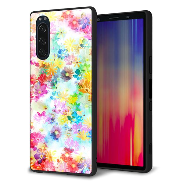 docomo エクスペリア5 SO-01M 強化ガラス＆TPUスマホケース ガラプリ【SC876 リバティプリント プレスドフラワー（ホワイト）】