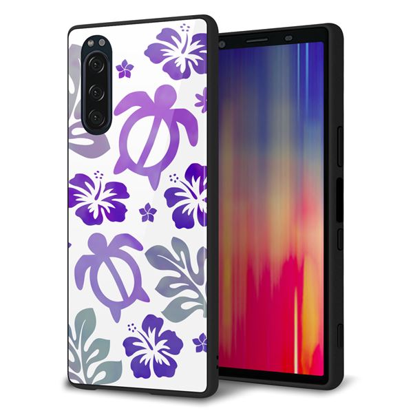 docomo エクスペリア5 SO-01M 強化ガラス＆TPUスマホケース ガラプリ【SC878 ハワイアンアロハホヌ（パープル）】