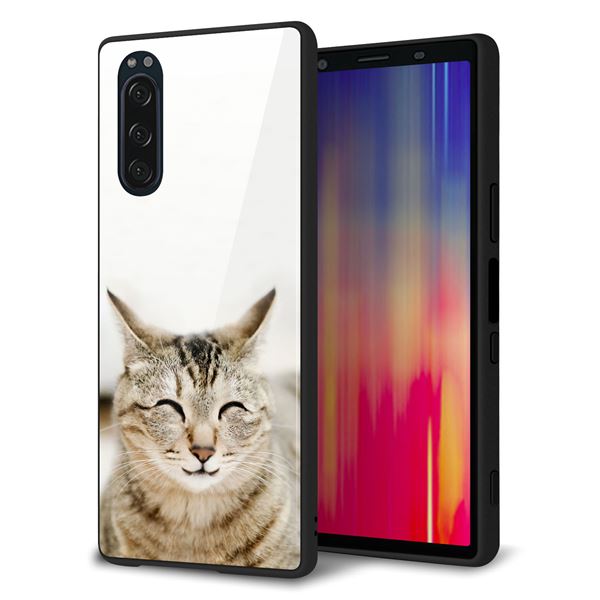 docomo エクスペリア5 SO-01M 強化ガラス＆TPUスマホケース ガラプリ【VA801 笑福ねこ】