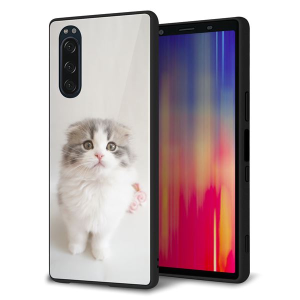 docomo エクスペリア5 SO-01M 強化ガラス＆TPUスマホケース ガラプリ【VA803 まっていますネコ】
