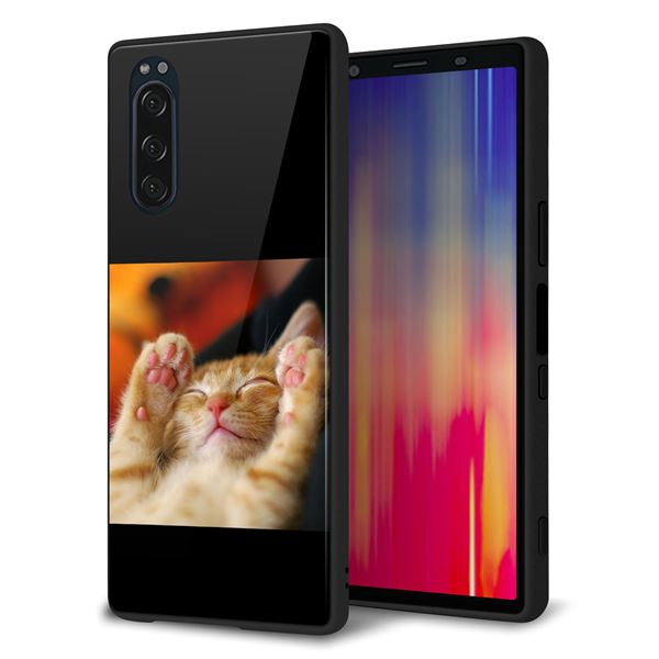 docomo エクスペリア5 SO-01M 強化ガラス＆TPUスマホケース ガラプリ【VA804 爆睡するネコ】