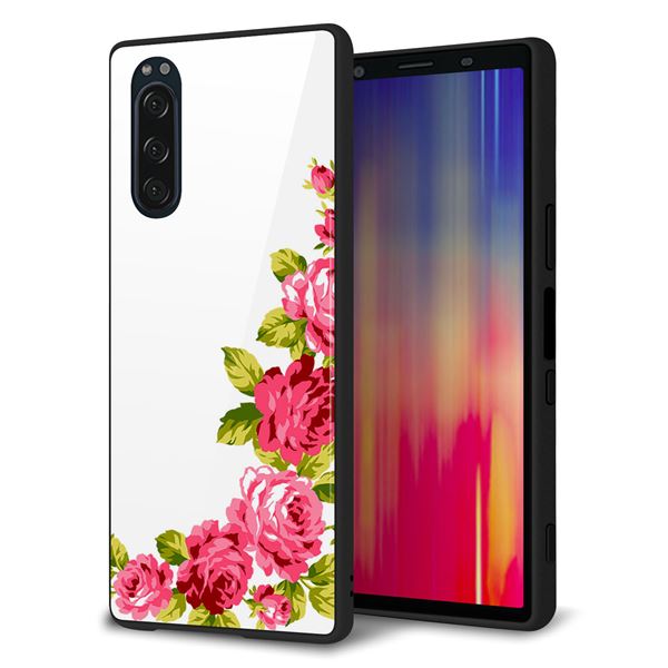 docomo エクスペリア5 SO-01M 強化ガラス＆TPUスマホケース ガラプリ【VA825 バラのフレーム(白)】