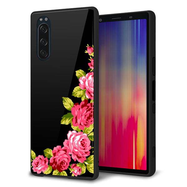 docomo エクスペリア5 SO-01M 強化ガラス＆TPUスマホケース ガラプリ【VA826 バラのフレーム(黒)】
