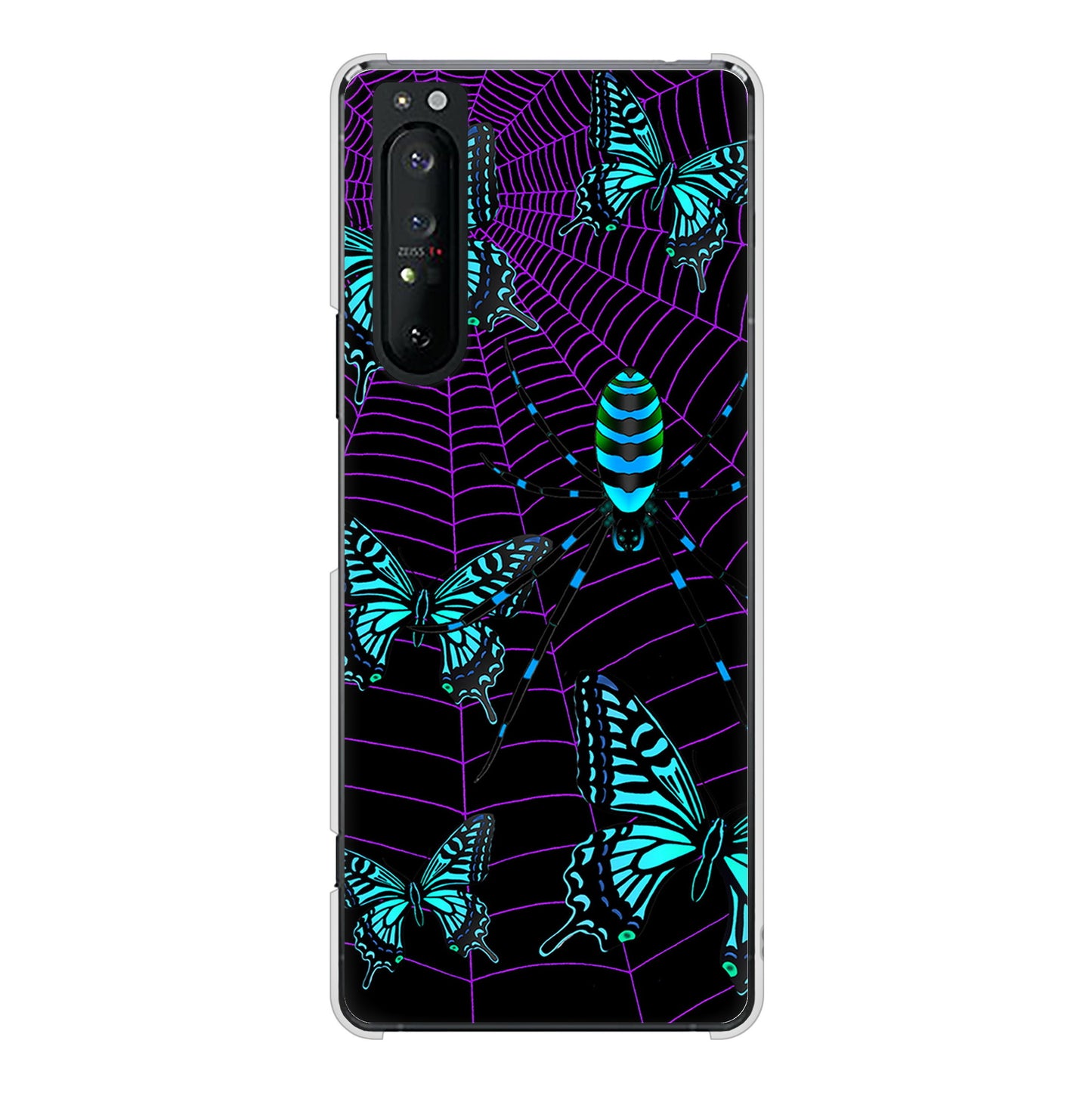 Xperia 1 II SO-51A docomo 高画質仕上げ 背面印刷 ハードケース むかいあぐる 蜘蛛の巣に舞う蝶