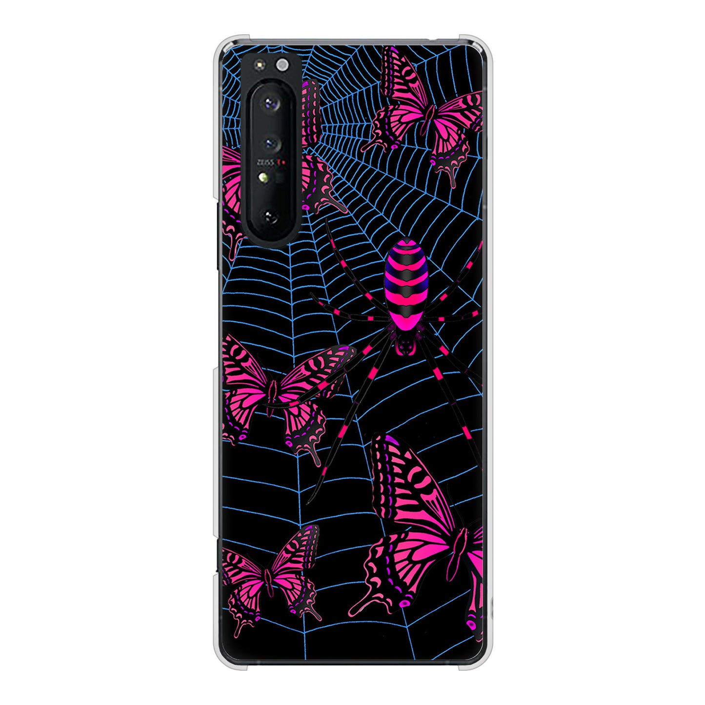 Xperia 1 II SO-51A docomo 高画質仕上げ 背面印刷 ハードケース むかいあぐる 蜘蛛の巣に舞う蝶