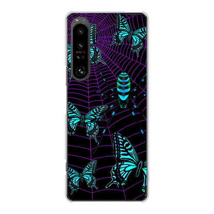 Xperia 1 V SO-51D docomo 高画質仕上げ 背面印刷 ハードケースむかいあぐる 蜘蛛の巣に舞う蝶