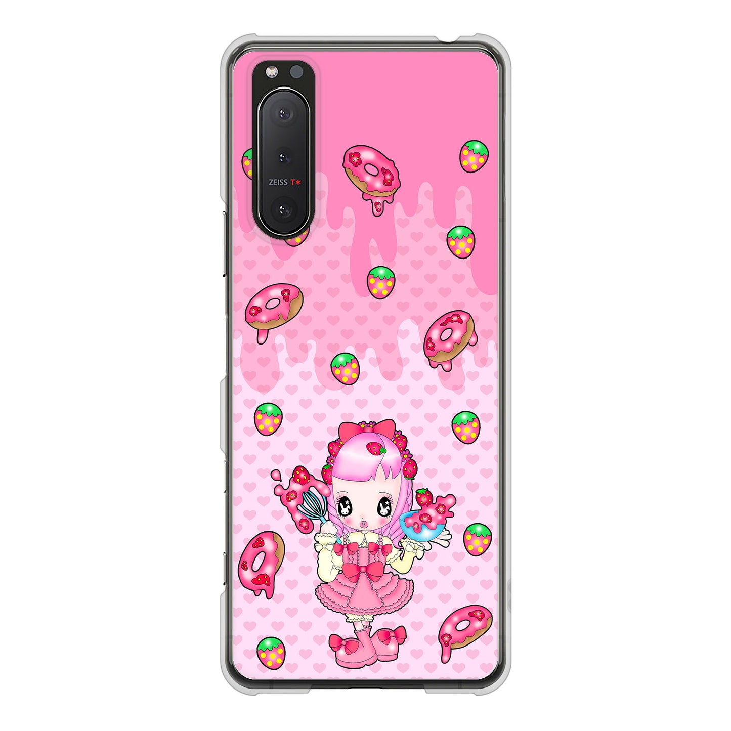 Xperia 5II SO-52A docomo 高画質仕上げ 背面印刷 ハードケース むかいあぐる ストロベリードーナツ