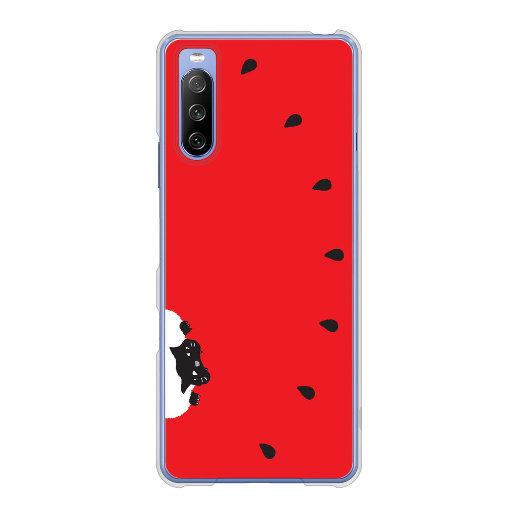 Xperia 10 III SO-52B docomo 高画質仕上げ 背面印刷 ハードケース すいかをかじるネコ