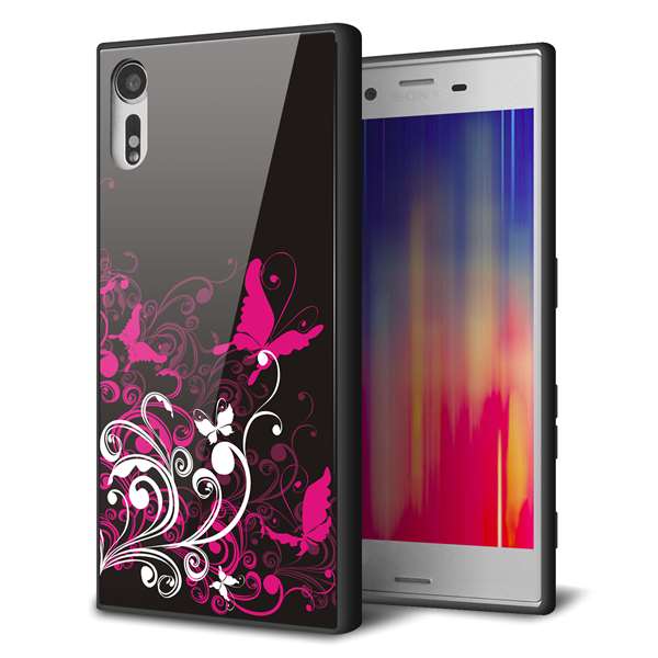 au エクスペリアXZ SOV34 強化ガラス＆TPUスマホケース ガラプリ【585 闇に舞う蝶】