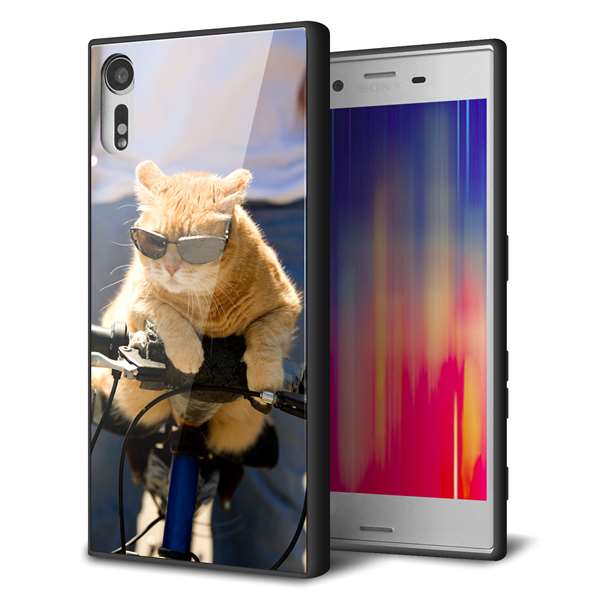 au エクスペリア XZs SOV35 強化ガラス＆TPUスマホケース ガラプリ【595 にゃんとサイクル】