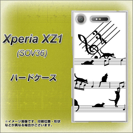 au エクスペリア XZ1 SOV36 高画質仕上げ 背面印刷 ハードケース【1112 音符とじゃれるネコ2】