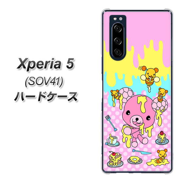 au エクスペリア5 SOV41 高画質仕上げ 背面印刷 ハードケース【AG822 ハニベア（水玉ピンク）】