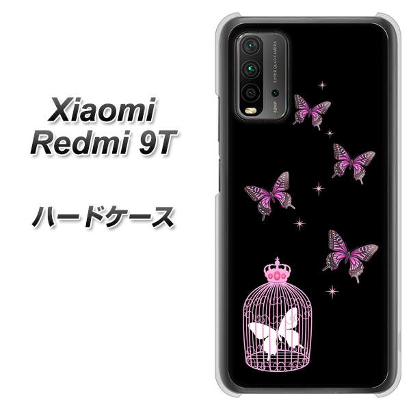 SIMフリー Xiaomi（シャオミ）Redmi 9T 高画質仕上げ 背面印刷 ハードケース【AG811 蝶の王冠鳥かご（黒×ピンク）】