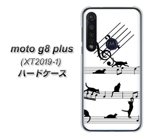 SIMフリー moto g8 plus XT2019-1 高画質仕上げ 背面印刷 ハードケース【1112 音符とじゃれるネコ2】