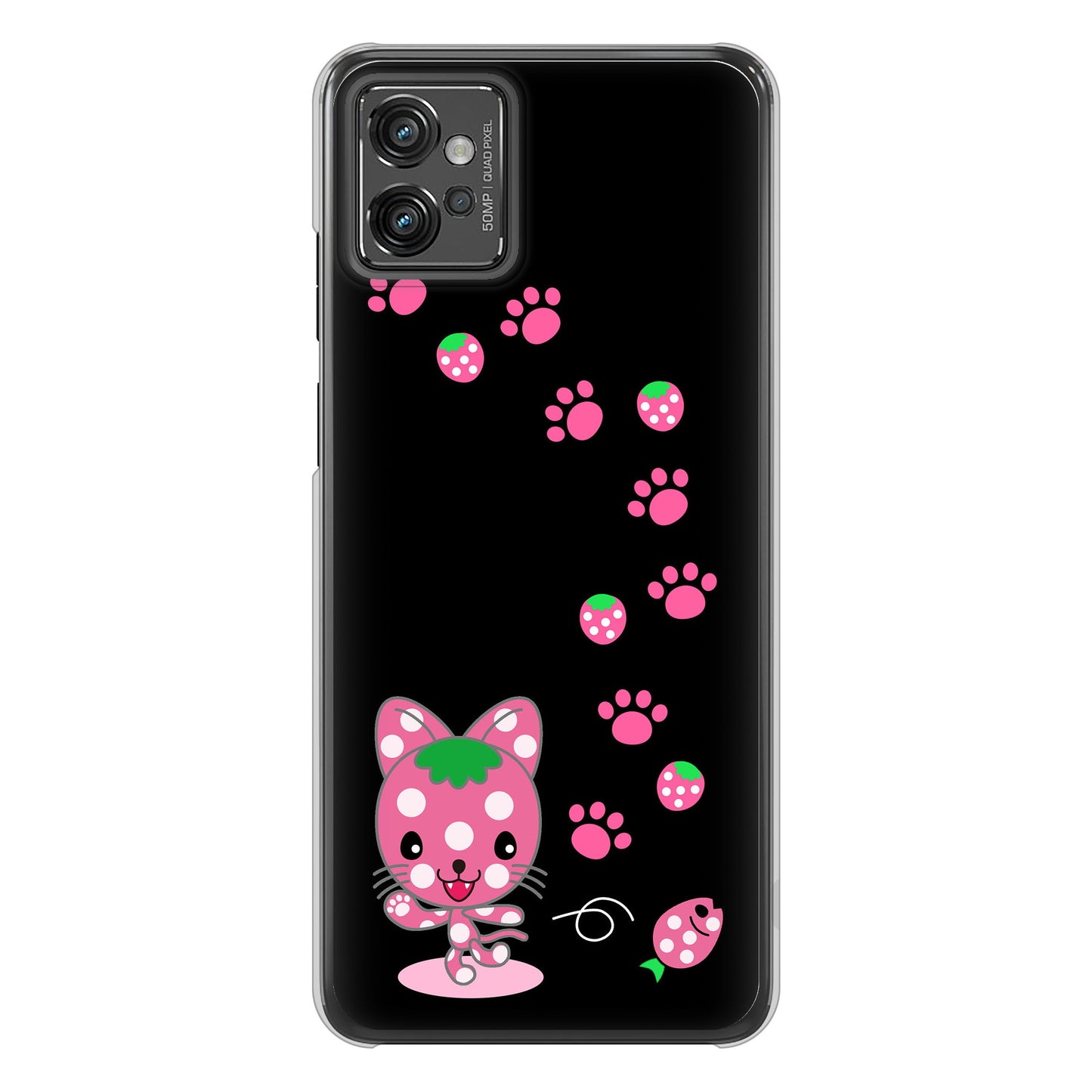 moto g32 高画質仕上げ 背面印刷 ハードケース【AG820 イチゴ猫のにゃんベリー（黒）】