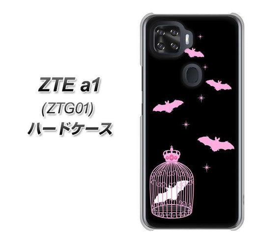 au ZTE a1 ZTG01 高画質仕上げ 背面印刷 ハードケース【AG809 こうもりの王冠鳥かご（黒×ピンク）】